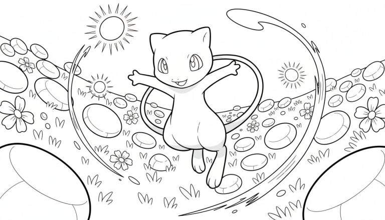 Zwart-wit kleurplaat van een vrolijke, springende Pokémon Mew met gespreide armen en een staart in een lus. De achtergrond heeft gras, stenen/Poké Balls, bloemen, zonnen en bewegingslijnen.