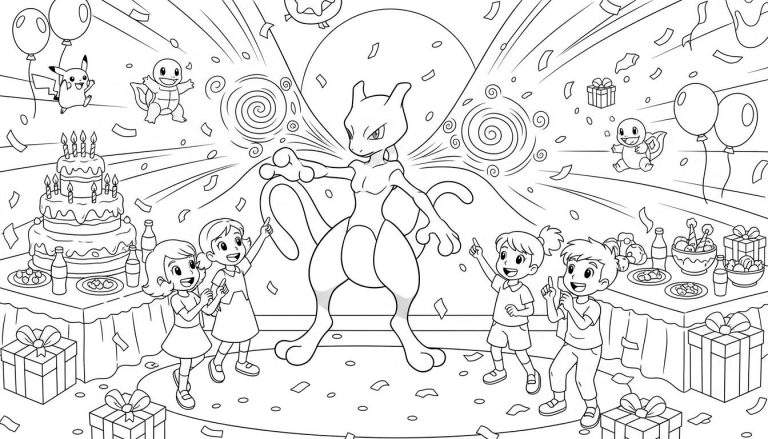 Zwart-wit kleurplaat van een levendig Pokémon verjaardagsfeest. Centraal staat de krachtige Mewtwo met gespreide armen, met een groot energie-effect achter zich en spiraalvormige patronen aan de zijkanten. Vier blije kinderen, twee meisjes links en twee jongens rechts, wijzen enthousiast. Bovenin zweven Pikachu en Squirtle vrolijk tussen ballonnen en ingepakte cadeautjes. Op de linker tafel staat een grote verjaardagstaart met kaarsjes, schalen met hapjes en flesjes drinken. De rechter tafel toont schalen met snoep, borden met eten, flesjes drinken en een ingepakt cadeau. Confetti dwarrelt door de lucht en extra cadeaus liggen op de grond, wat de feestelijke sfeer benadrukt.