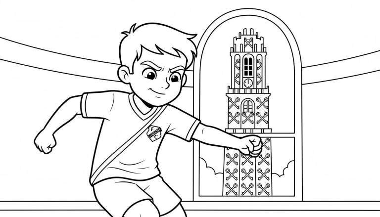 Zwart-wit kleurplaat van een jongen met vastberaden gezicht die met gebalde vuist tegen een gedetailleerde stadion-achtige toren slaat, met FC Utrecht-gerelateerde architectuur op de achtergrond. Op zijn T-shirt staat het logo 'UTILICHT C'.