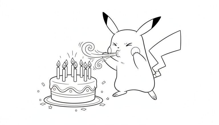 Kleurplaat van Pikachu die met gesloten ogen zeven brandende kaarsjes op een tweelaagse verjaardagstaart uitblaast, omringd door confetti.