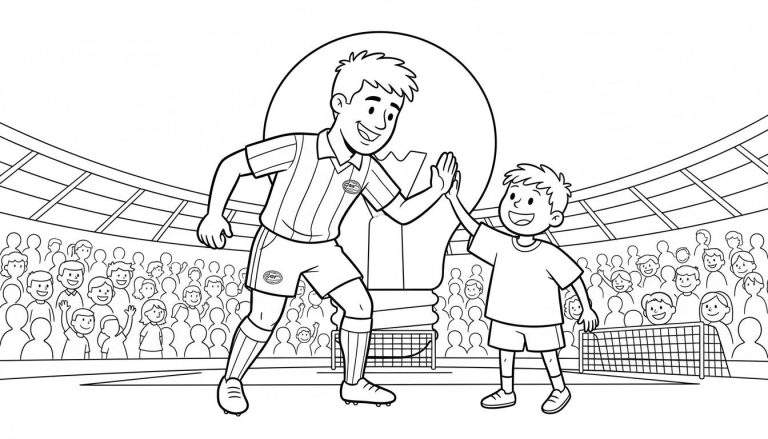 Kleurplaat: Blije man en jongen high-five geven in een PSV voetbalstadion met juichende fans en een grote gloeilamp op de achtergrond.