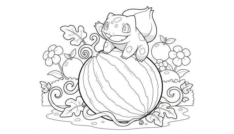 Zwart-witte kleurplaat van een lachende Bulbasaur die zwaait op een grote watermeloen, omringd door bloemen, fruit en bladeren.