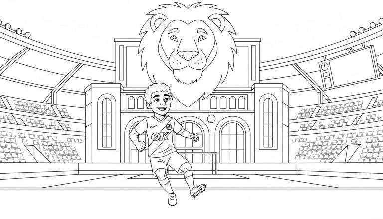 Zwart-witte lijntekening kleurplaat van een lachende jonge NAC Breda voetballer met krullend haar en een 'OK' shirt, staand voor een stadion met tribunes, een scorebord en een grote, gedetailleerde leeuwenkop erboven.