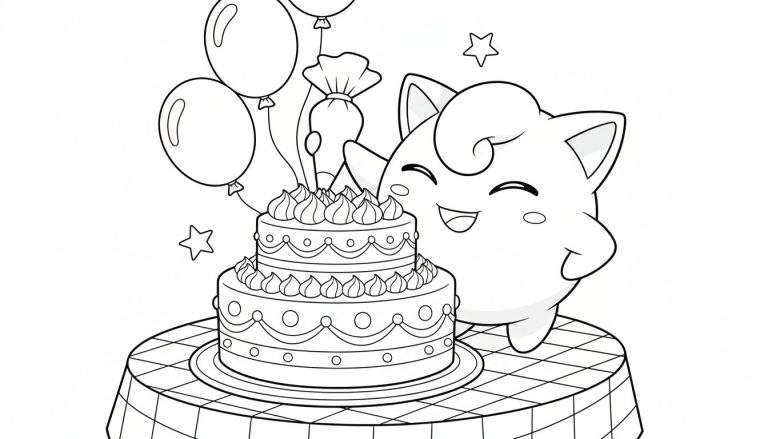 Kleurplaat van Jigglypuff die een tweelaagse taart versiert met een spuitzak, omringd door ballonnen en sterren, op een geruite tafel met geruit tafelkleed.