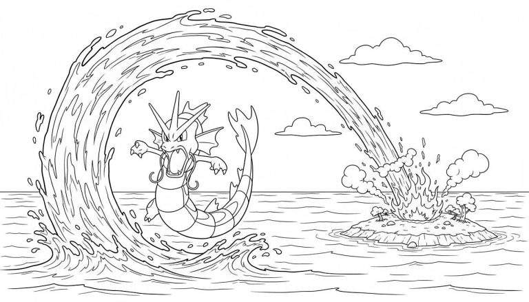 Kleurplaat van Pokémon Gyarados die een krachtige waterstraal afschiet op een brandend eiland in de zee, vol spetters en rook.