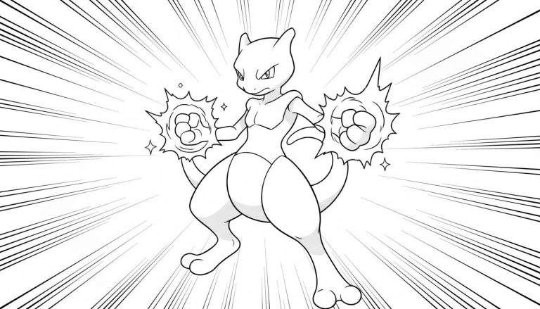 Zwart-wit lijntekening van Mewtwo als kleurplaat. Mewtwo staat rechtop met een boze of vastberaden uitdrukking, gebalde vuisten met energie-explosies eromheen, en een achtergrond van stralende actielijnen. Anime stijl.