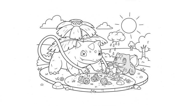 Lijntekening kleurplaat van Venusaur en Bulbasaur die samen plantjes water geven in een tuin. Venusaur buigt voorover en druppelt water met lianen, terwijl Bulbasaur een gieter vasthoudt. Op de achtergrond een tuinlandschap met de zon en regendruppels.