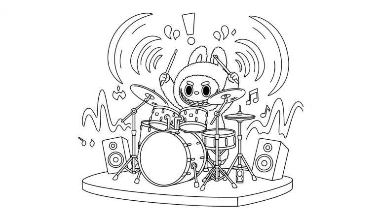 Labubu kleurplaat: Energiek harig wezentje speelt drumstel op podium, omringd door geluidssymbolen, in zwart-wit lijntekening.