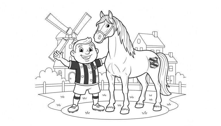 Kleurplaat van een lachende jongen in voetbaltenue die een paard omhelst, met een Hollandse windmolen en huizen op de achtergrond. Geschikt voor fans van SC Heerenveen.