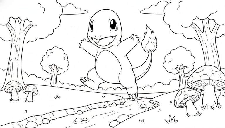 Zwart-wit kleurplaat van een vrolijke Charmander met vlam op staart, rennend door een natuurlijke bosrijke omgeving met bomen, paddenstoelen, een kronkelend beekje en wolken.