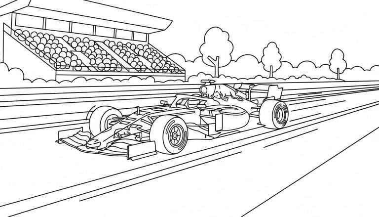 Zwart-witte kleurplaat van een Red Bull Formule 1-auto die op hoge snelheid over een racecircuit rijdt, met tribune vol toeschouwers en bomen op de achtergrond.
