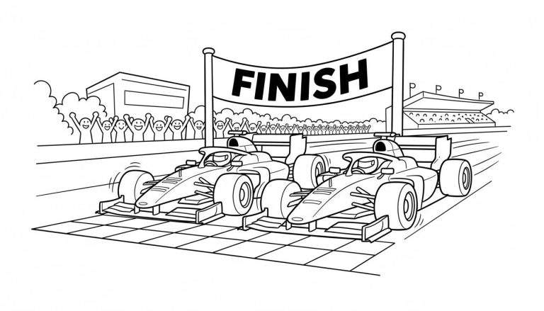 Zwart-wit lijntekening van twee Formule 1-achtige raceauto's die zij aan zij over een geblokte finishlijn racen onder een 'FINISH' banner, met een juichende menigte en een tribune vol toeschouwers aan weerszijden.