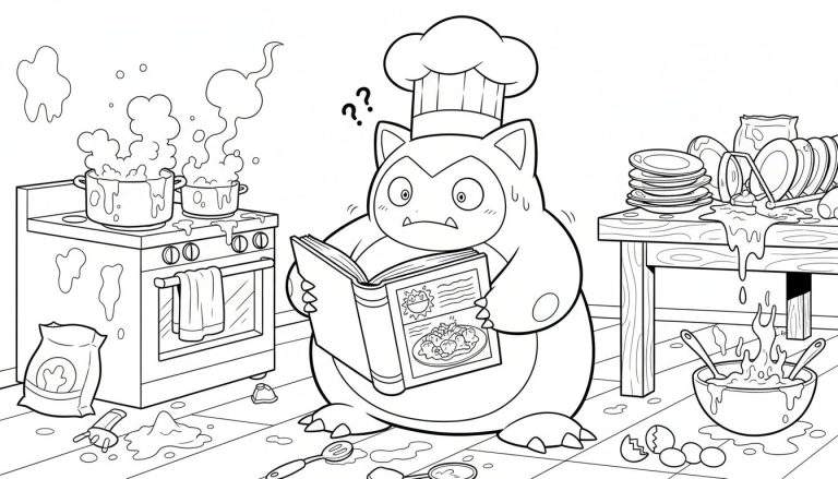 Zwart-wit kleurplaat van een Snorlax in een chaotische keuken die verward in een kookboek leest, omringd door gemorste ingrediënten en vuile vaat.
