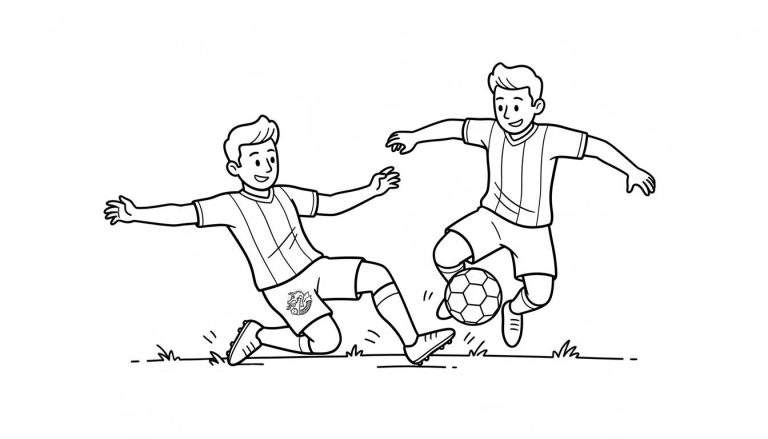 Zwart-wit lijntekening van twee lachende voetbaljongens van FC Den Bosch op een grasveld. De jongen links maakt een sliding met uitgestrekte armen en een embleem op zijn broek. De jongen rechts dribbelt met de voetbal aan zijn voeten.