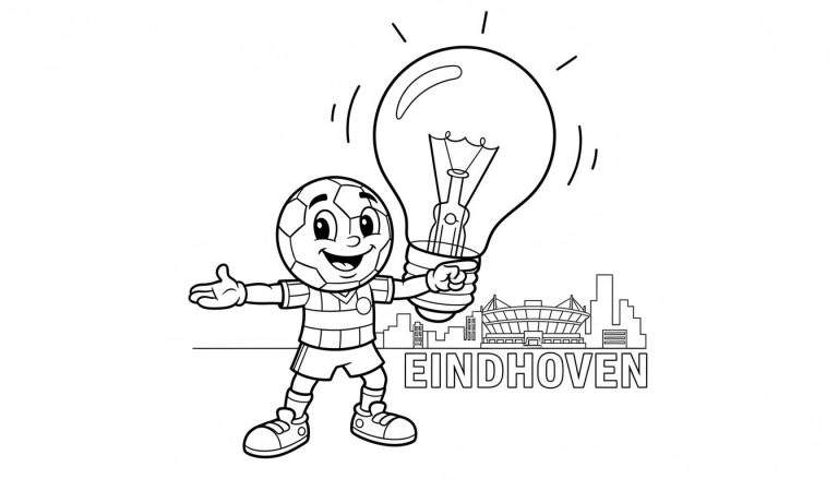 Kleurplaat van een lachende voetbalmascotte met een gloeilamp voor innovatie, tegen de achtergrond van het PSV stadion en de skyline van Eindhoven, met de tekst "EINDHOVEN".