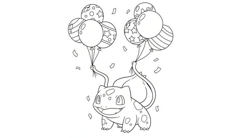 Zwart-wit kleurplaat van een vrolijke Bulbasaur die met zijn lianen twee trossen ballonnen vasthoudt, omringd door zwevende confetti.