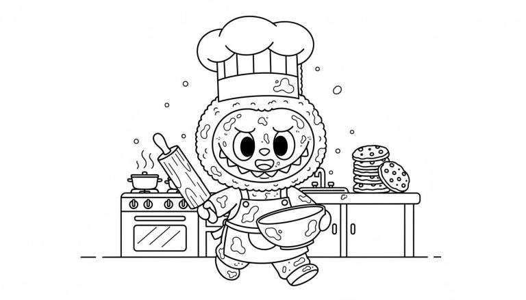 Zwart-wit kleurplaat met Labubu, een blij monsterlijke kok met deegroller en beslagkom, rennend door een rommelige keuken vol koekjes en kookgerei.