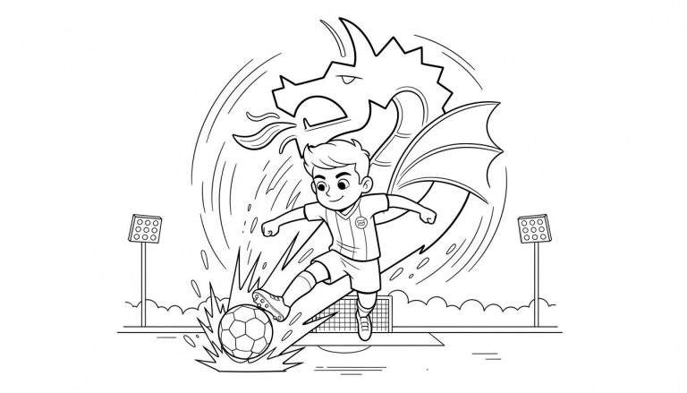 Kleurplaat van een voetballende jongen in FC Den Bosch tenue die een bal trapt, met een grote, vuurspuwende draak op de achtergrond. Het geheel is op een voetbalveld met stadionlichten.