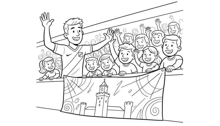 Zwart-wit kleurplaat: Vrolijke man in NAC Breda sportshirt zwaait enthousiast naar een grote groep lachende kinderen achter een spandoek met kasteelafbeelding.