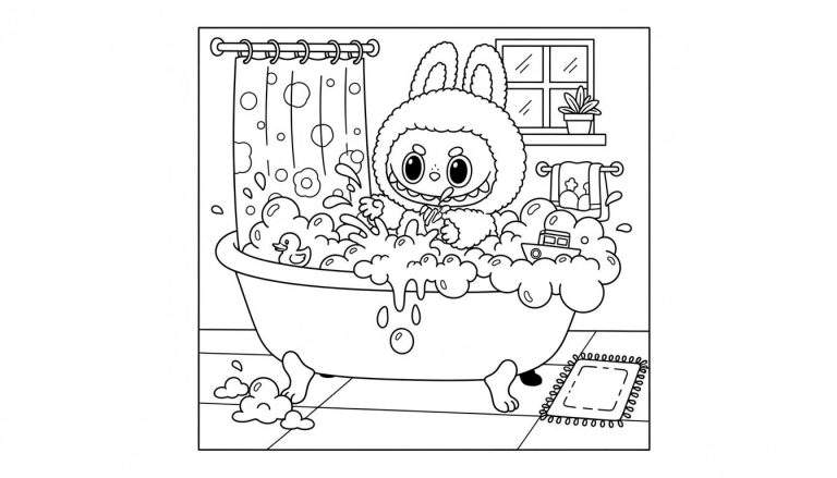 Zwart-wit kleurplaat van Labubu, een schattig konijntje, spetterend in een badkuip vol zeepbellen. De badkamer bevat ook een badeendje, bootje, douchegordijn, raam met plantje, handdoekrek, betegelde vloer en badmatje.