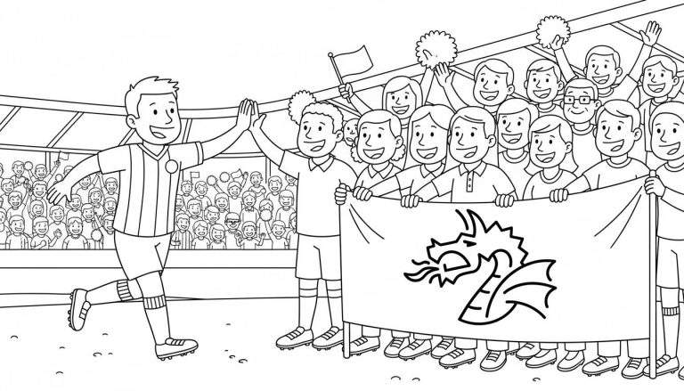 Kleurplaat van een FC Den Bosch voetballer die high-five geeft aan blije supporters met een draken spandoek in een juichend voetbalstadion.