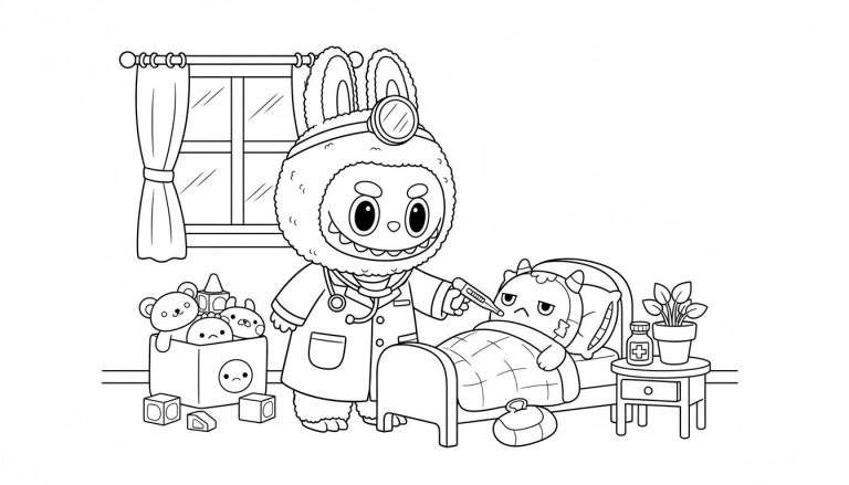 Zwart-wit lijntekening van een konijn-achtig doktermonster met stethoscoop die een thermometer vasthoudt bij een ziek monster (Labubu) in bed, met speelgoed en medicijnen in de kamer.