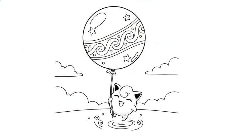 Zwart-wit lijntekening als kleurplaat: Een vrolijke Jigglypuff zweeft met een grote, versierde ballon boven een wateroppervlak met spatten en golven, met wolken op de achtergrond.