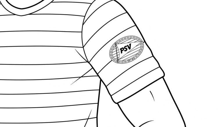 Zwart-wit kleurplaat van een persoon in een gestreept PSV-voetbalshirt met het clublogo (PSV EST 1913) op de mouw.