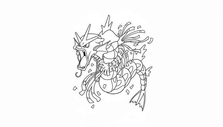 Lijntekening van Mega Gyarados met open bek, scherpe tanden, puntige hoorns en zwevende linten, perfect als kleurplaat.