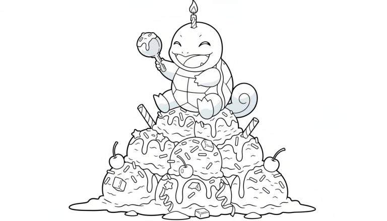 Zwart-wit kleurplaat van een vrolijke Squirtle met een brandend kaarsje op zijn hoofd en een snoepje in zijn poot, zittend op een rijkelijk versierde ijshoop met strooisels, kersen en wafelrolletjes, met gesmolten ijs aan de onderkant.