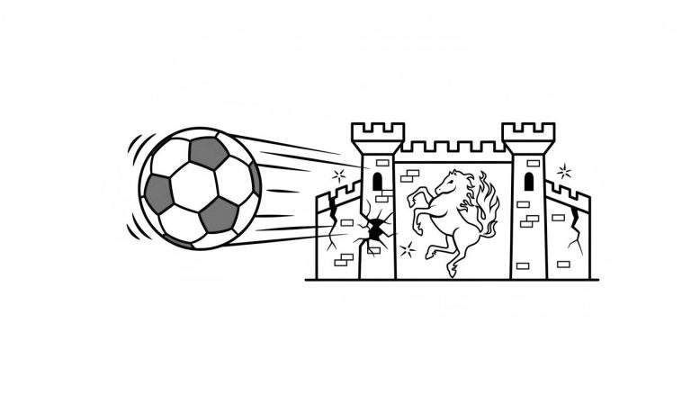 Zwart-wit kleurplaat van een voetbal die met hoge snelheid een kasteel raakt, met barsten in de muur en het iconische FC Twente paardenembleem.