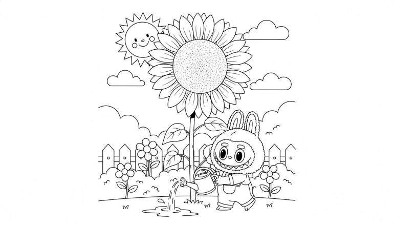 Zwart-witte kleurplaat van een vrolijke tuinscène. Bovenaan links lacht een zon met stralen, geflankeerd door enkele wolken. Centraal staat een enorme zonnebloem met veel blaadjes en een gedetailleerd hart. Onder de zonnebloem staat Labubu, een lief, pluizig figuur dat lijkt op een konijntje of een dier in een bont kostuum. Labubu draagt een tuinbroek en houdt een gieter vast waaruit water op de grond spuit, wat een klein plasje vormt. Achter Labubu en de zonnebloem is een houten hek te zien. Op de voorgrond en naast het hek staan verschillende kleine bloemetjes. De grond is bedekt met gras en kleine heuveltjes.