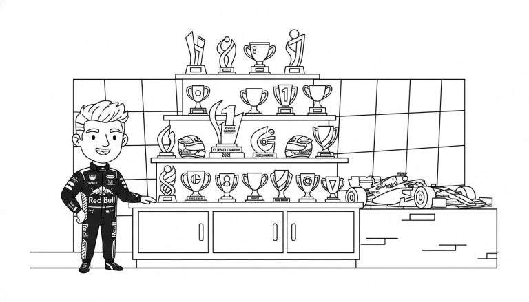 Kleurplaat van lachende Max Verstappen in Red Bull raceoveral, wijzend naar prijzenkast met F1-wereldkampioen trofeeën en een raceauto.