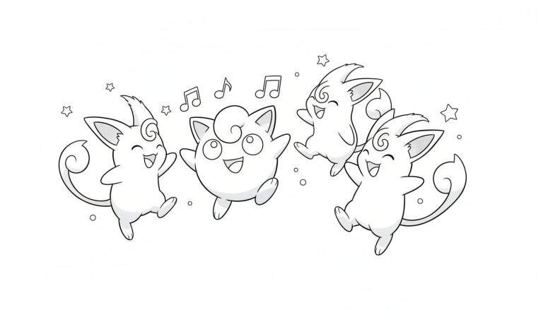 Zwart-wit kleurplaat van een vrolijke Jigglypuff in het midden, omringd door drie dansende Clefairy-achtige Pokémon, met zwevende muzieknoten en sterren.