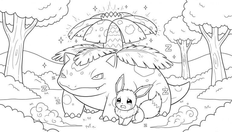 Zwart-wit kleurplaat van een grote, streng kijkende Venusaur met een paraplu-achtige bloem op zijn rug en lichtstralen, zittend voor een huilende Eevee. De scène speelt zich af in een natuurlijke omgeving met bomen, heuvels, zwevende 'Z'-letters en sterretjes.