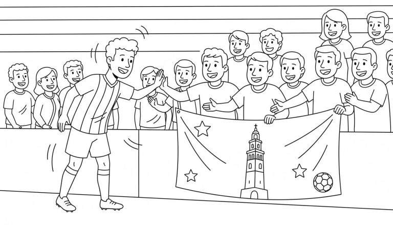 Kleurplaat van een lachende FC Groningen voetballer die fans een high five geeft. Supporters houden een spandoek vast met de Martinitoren, een voetbal en sterren. Achtergrond toont tribunes.