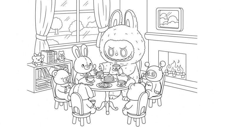 Zwart-wit Labubu kleurplaat van een gezellig theekransje: zes diverse figuren (waaronder een wit konijn, een Labubu-achtig monster met konijnenoren, een robot en teddyberen) zitten rond een tafel met thee en taart, in een kamer met een raam en open haard.