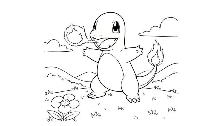 Lijntekening van een vrolijke Charmander die vuur spuwt, met een vlam op zijn staart, in een glooiend landschap met wolken en een bloem op de voorgrond.