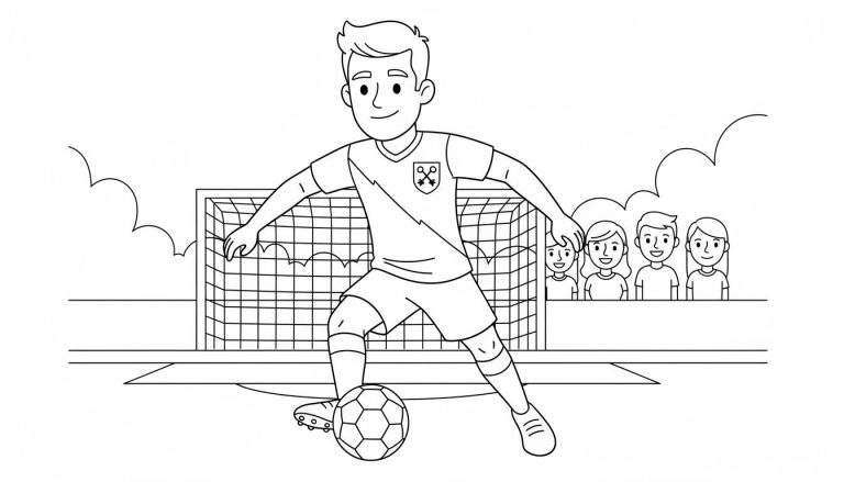 Kleurplaat: Lachende FC Utrecht jeugdvoetballer dribbelt bal voor een doel, met vier blije fans en gestileerde wolken op de achtergrond.