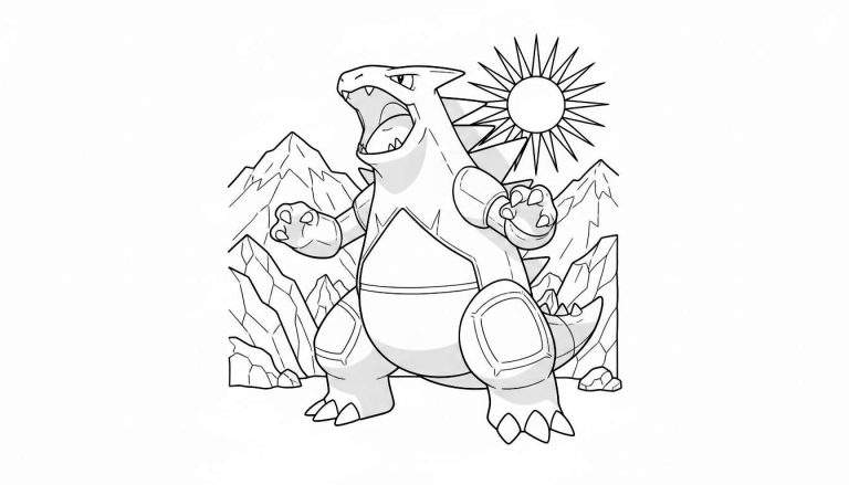Kleurplaat van Tyranitar, een brullende, gepantserde Pokémon met scherpe tanden en klauwen, tegen een achtergrond van puntige bergen, een stralende zon en rotsblokken. Zwart-wit lijntekening.