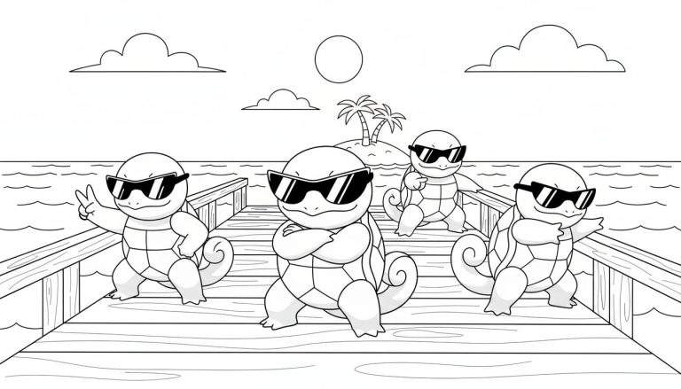 Zwart-wit lijntekening kleurplaat van vier cartoonachtige schildpadden, lijkend op Squirtle, met zonnebrillen. Ze staan op een houten pier boven golvend water. Op de achtergrond is een eiland met twee palmbomen te zien, en in de lucht drie wolken met een lege cirkel voor de zon/maan. De schildpadden hebben diverse poses: een maakt een vredesteken, een heeft de armen over elkaar, een wijst en een reikt uit.