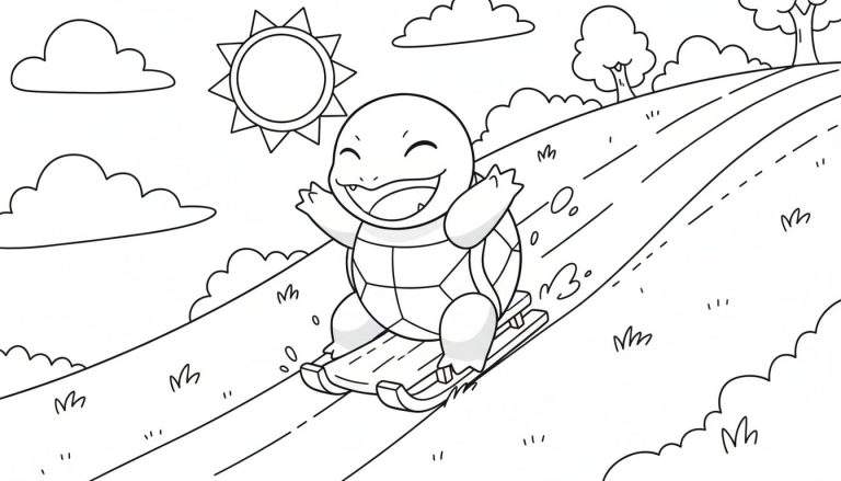 Zwart-wit kleurplaat van vrolijke Squirtle Pokémon op slee die van een helling glijdt, met gras, bomen, zon en wolken op de achtergrond.