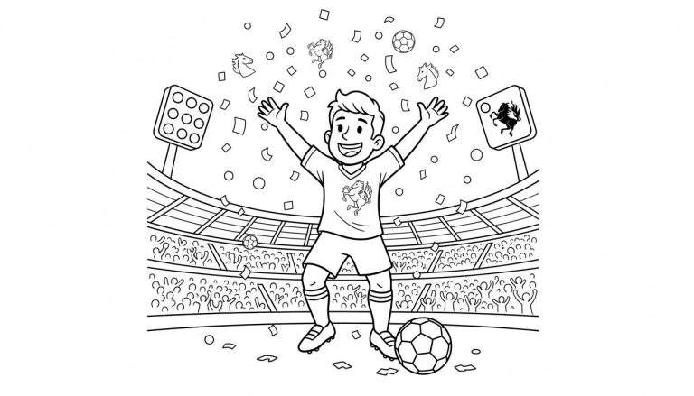 Kleurplaat van een juichende FC Twente voetballer met paard logo in een vol voetbalstadion, omringd door confetti, voetballen en paardenfiguren, met een lichtmast en scorebord.