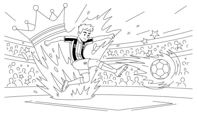 Dynamische zwart-wit lijntekening van een jonge Willem II voetballer met rugnummer 11 die de bal trapt in een stadion, omringd door vlammen, een kroon en juichende fans. Klaar om in te kleuren.