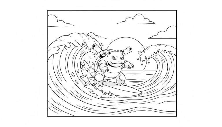 Zwart-wit kleurplaat van Pokémon Blastoise die op een surfplank over een golf surft, met waterkanonnen, spatwater, en een grote zon of maan aan de horizon.