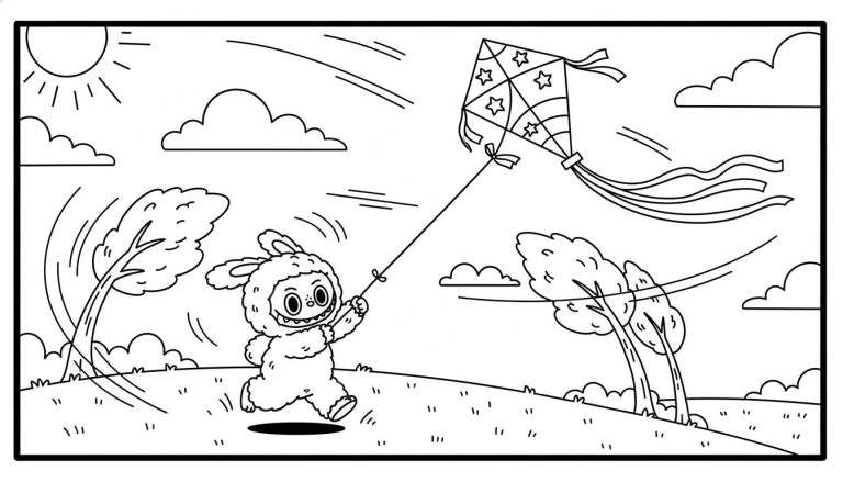 Zwart-wit kleurplaat van Labubu, een konijnachtig figuur, vrolijk vliegerend met een sterrenvlieger op een winderige dag met zon, wolken, scheve bomen en heuvels.