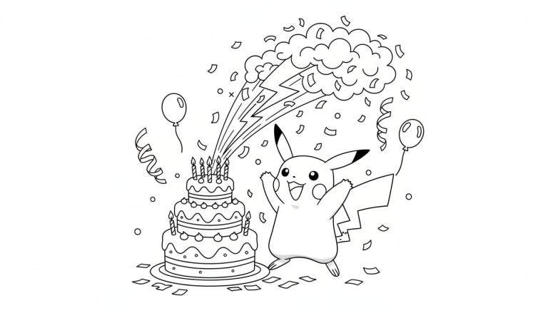 Zwart-wit kleurplaat van een vrolijke Pikachu die feestviert bij een drielaagse verjaardagstaart met kaarsjes, confetti, ballonnen en bliksemschichten.