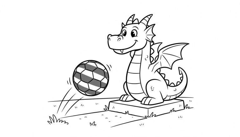 Zwart-wit kleurplaat van een vrolijke, cartooneske draak van FC Den Bosch, zittend op een blok naast een gestuiterde voetbal op een grasveldje.