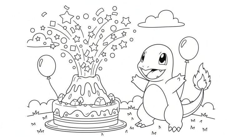 Zwart-wit kleurplaat van een vrolijke Charmander die een feestje viert met een taart, ballonnen, en confetti op een grasveld met wolken.