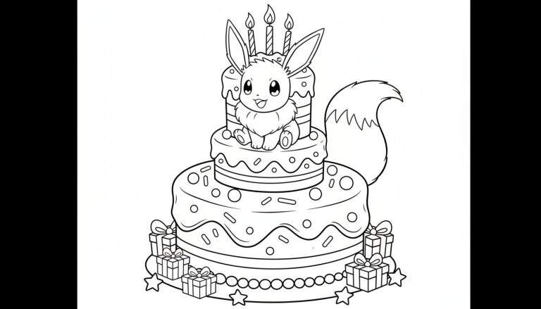 Kleurplaat van Eevee, de Pokémon, zittend op een drielaagse verjaardagstaart met vier kaarsjes, zes cadeautjes en een slinger.